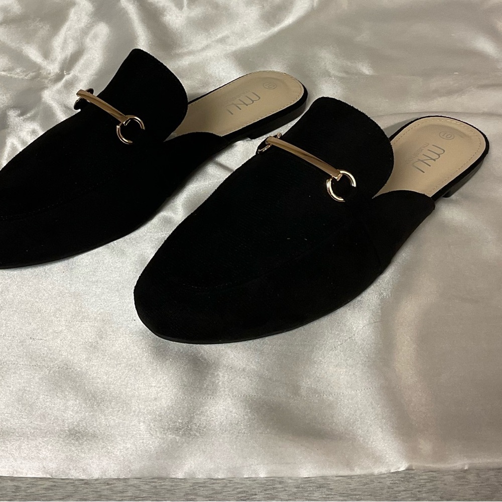 NWT Musshoe Faux Suede Black Mules with Gold Tone Buckle - Size 10
